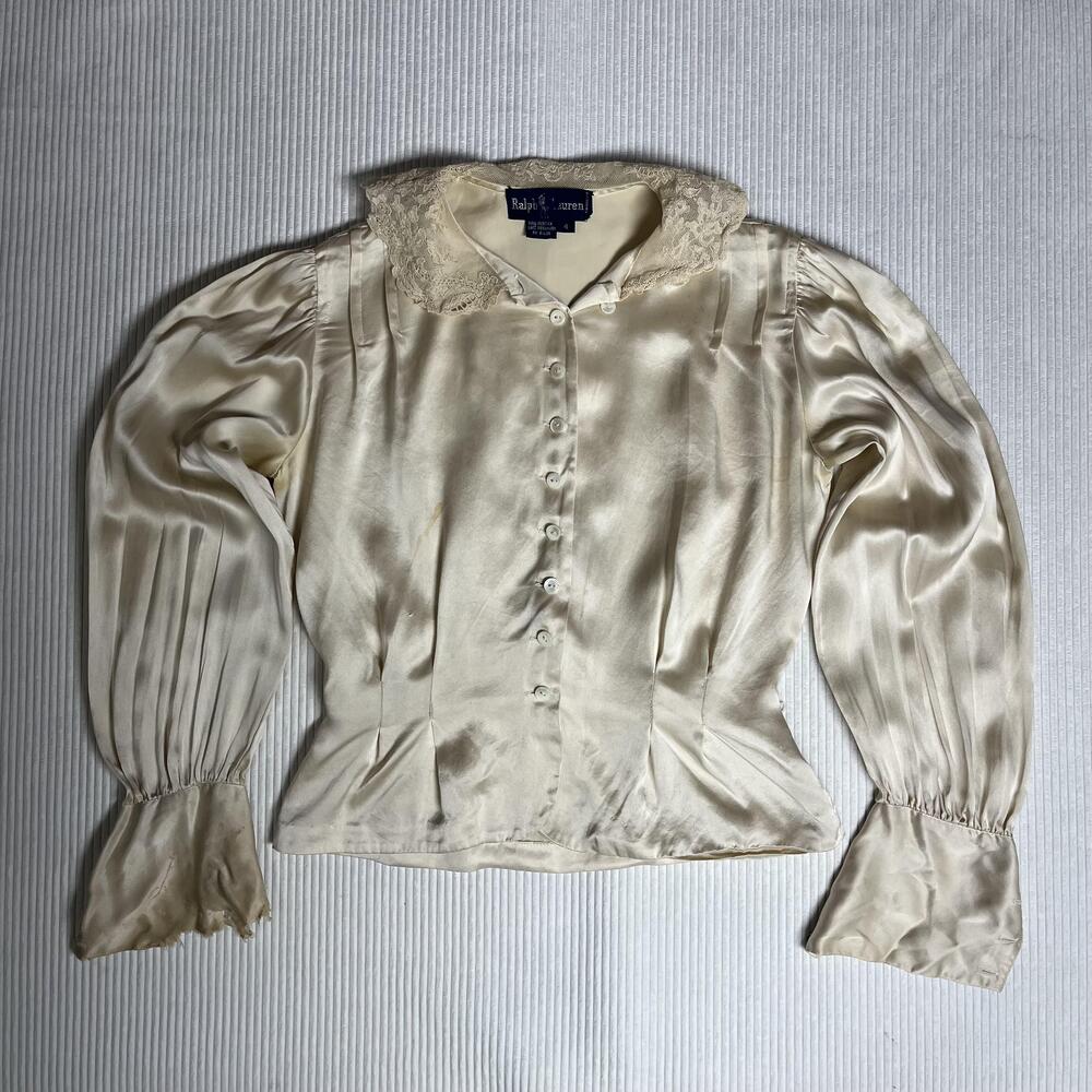 Ralph Lauren Blouse Womens 4 White Silk Button VTG Front Lace Collar Puff Sleeve